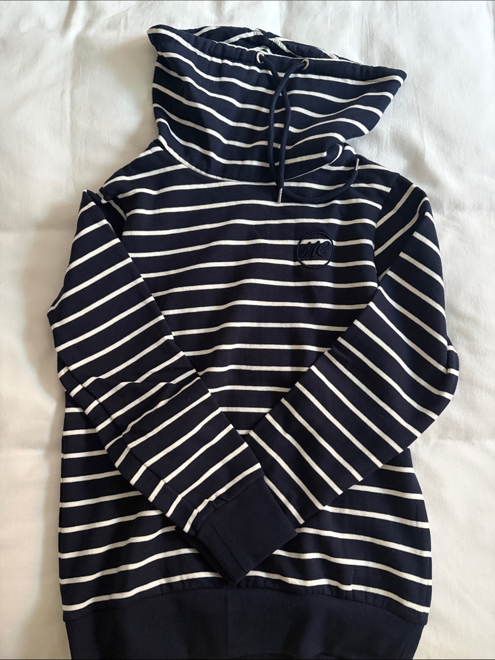 Queenspark Navy and White Striped Cowl Neck Sweater